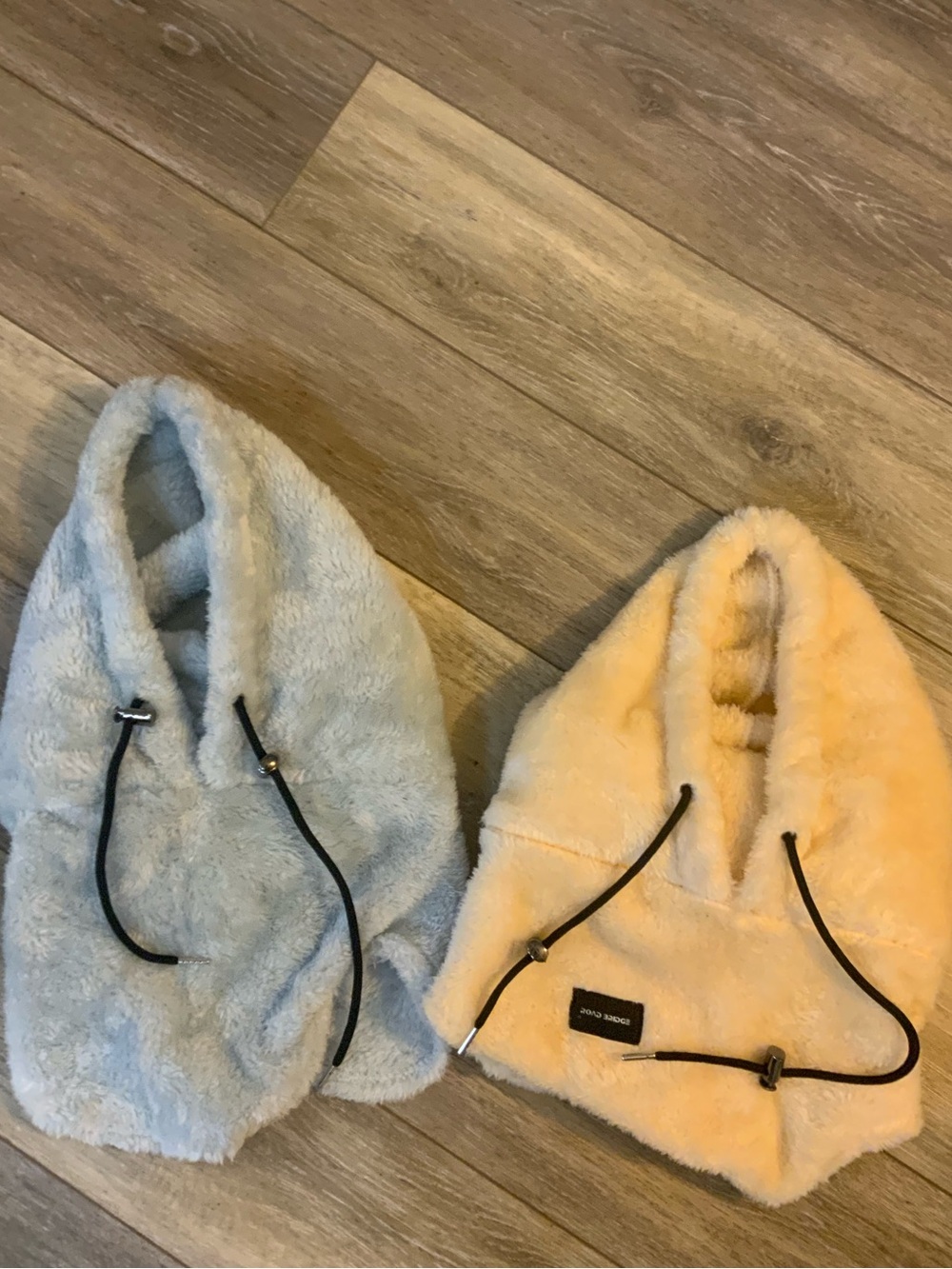 Plush Faux-Fur Hooded Hat in Light Blue and Peach - Unbranded